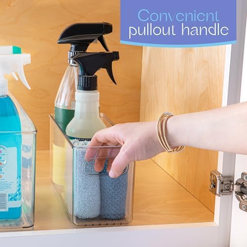 primebox 6 pack Clear Plastic Storage Container Bin with Integrated Easy Grip Handles. For Kitchen, Fridge, Freezer, Cab