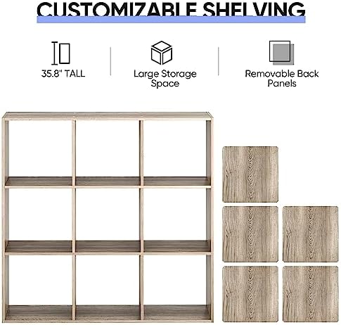 Nouva 9 Cube Storage Organizer Shelf with 5 Removable Back Panels Freestanding 3-Tier Open Wood Bookshelf for Home, Offi