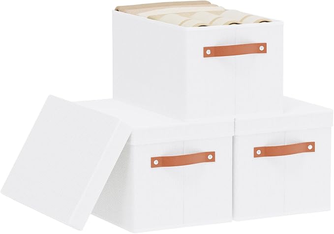 Fabric Storage Baskets,White Boxes,15 x 9.8 x 8.3In,3 Pack | Foldable Storage Bins with Lids,Shelves Organizers for Wardrobe,Bedroom,Decorative Closet Cubes for Shoes Towel Book