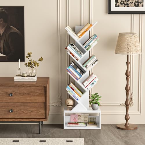 SHEEPAM 9-Tier Tree Bookshelf Floor Standing Narrow Space Storage Bookcase