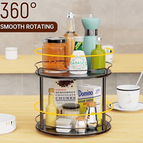 Lazy Susan Organizer 2 Tier - 12.4" Turntable Spice Rack for Table Top, Wooden Rotating Lazy Susan for Cabinet Pantry Ki