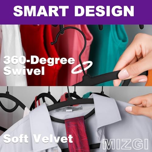 MIZGI Premium Velvet Hangers 50-Pack,No Shoulder Bump Hangers W/Tie Bar Ultra Thin Space Saving Non Slip Hanger Heavy Duty Felt Rounded Clothes Hanger for Sweaters,Coat,Jackets,Pants,Shirts
