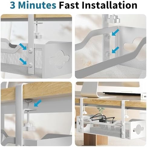Under Desk Cable Management Tray 3 Pack, Cable Management Under Desk No Drill, Cable Organizer with Clamp for Wire Manag