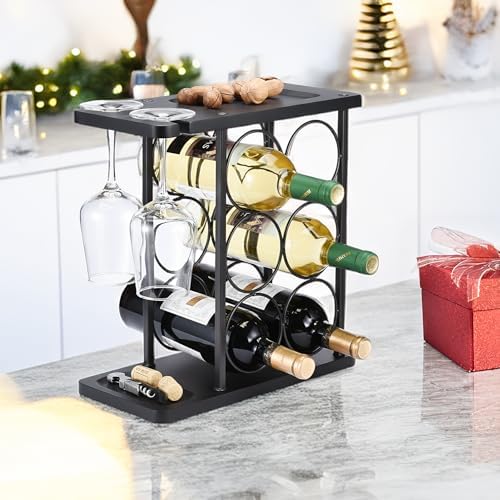ALLCENER Modern Wine Rack Countertop, Matte Black 6 Bottle Wine Rack with Glass Holder, Metal Wine Holder Stand with She