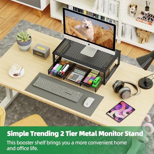 Simple Trending Metal Monitor Stand Riser and Computer Desk Organizer with Drawer for Laptop, Computer, iMac, Black (Pac
