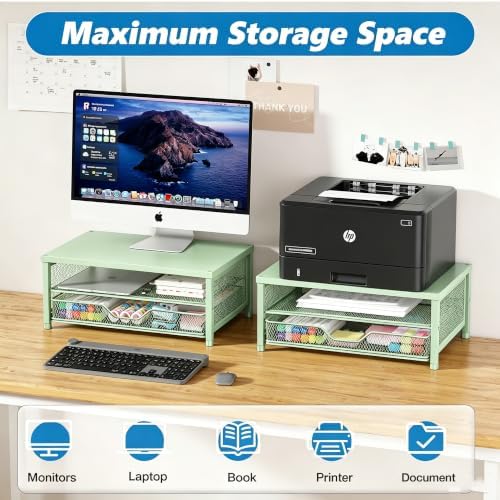 OPNICE Computer Monitor Stand Riser, Desk Organizer with Drawer, Printer & Laptop Stand, Office Desk Accessories & Works
