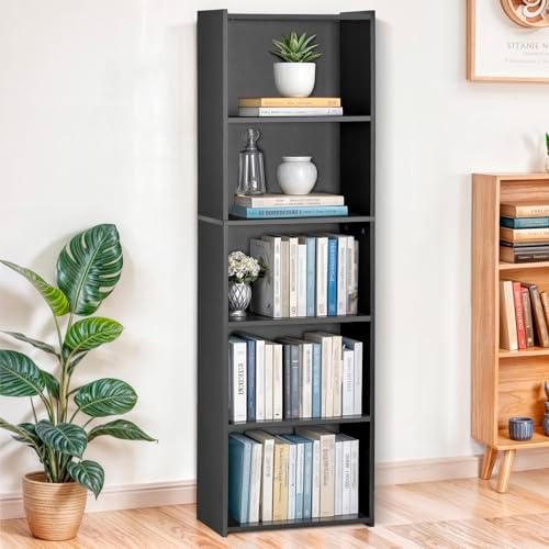 Nouva 5-Shelf Bookcase/Bookshelf - Modern Wood Book Case for Books, CDs, Movies, Bedroom & Living Room, Black