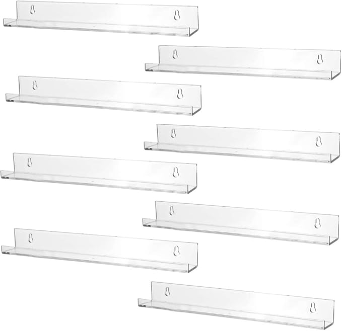 Sooyee 8 Pack 15 Inch Acrylic Invisible Kids Floating Bookshelf for Kids Room,Modern Picture Ledge Display Toy Storage Wall Shelf,Clear (8 Pack)