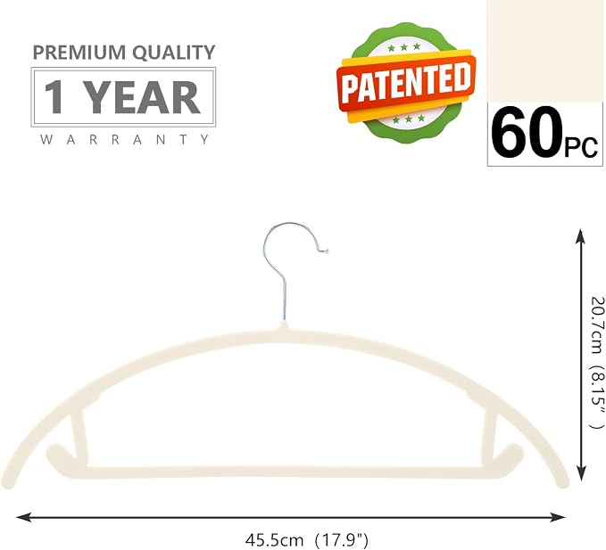 MIZGI Premium Velvet Hangers 60 Pack Heavyduty- Non Slip No Shoulder Bump Suit Hanger - Chrome Hooks,Space Saving Clothes Rounded Shape for Coat,Sweater,Jackets,Pants
