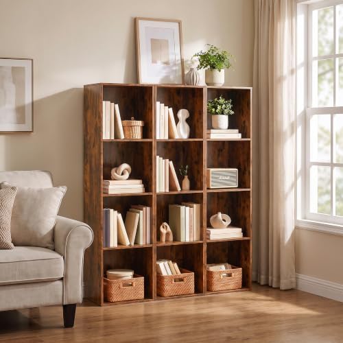 4 Cube Storage Organizer,4 Tier Narrow Bookshelf, Brown Vertical Cube Shelf