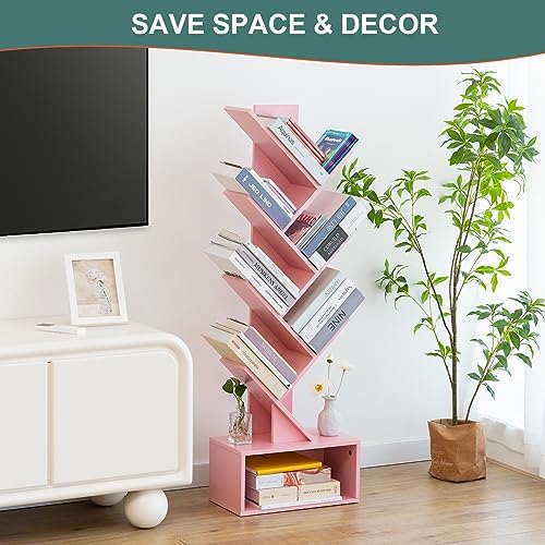 Yoobure Tree Bookshelf - 6 Shelf Retro Floor Standing Bookcase, Tall Wood Book Storage Rack for CDs/Movies/Books, Utilit