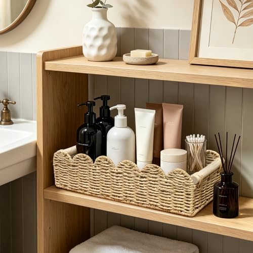 Scalloped Wicker Toilet Paper Storage Basket, Home Decor Baskets,Paper Rope Small Basket,for Over Toilet Storage Shelf, 