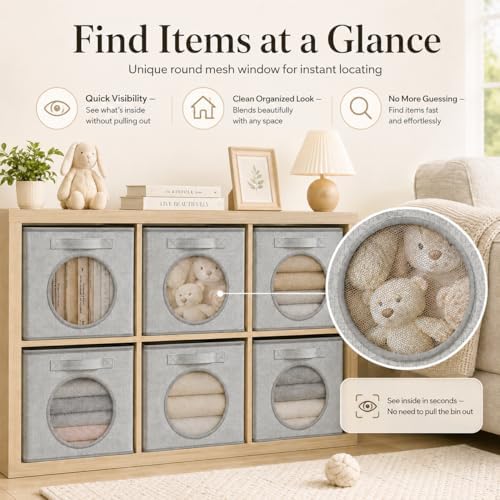 Fabric Storage Cubes with Mesh Window, 11'' Cube Storage Bin, Gray, 4 Pack
