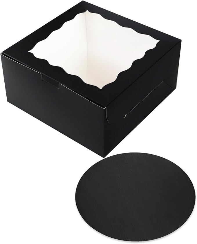 qiqee 10x10x5 Cake Box, 4 Sets Black Cake Box with Window ＆ 4 Sets 10" Black Cake Round Boards, 10inch Cake Containers