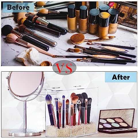 Acrylic Makeup Brush Holder with Lid - Clear Cosmetic Makeup Brush Organizer and Storage Box with Cover for Vanity - Lar