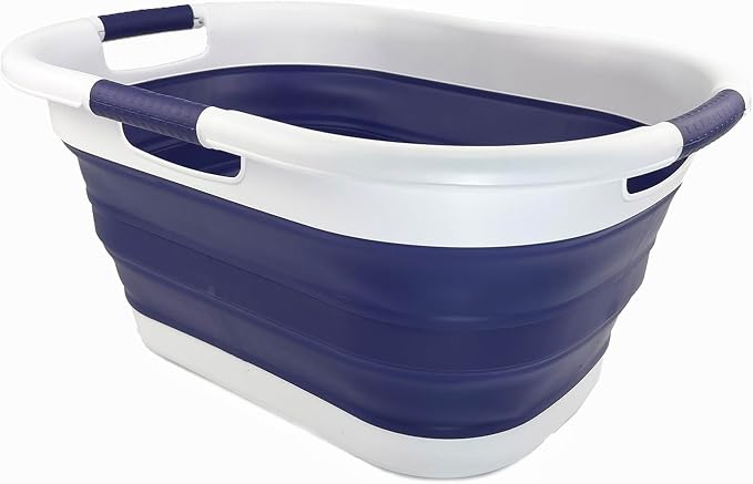 SAMMART 40L (10.5 gallon) Collapsible Plastic Laundry Basket - Foldable Pop Up Storage Container/Organizer - Portable Washing Tub - Space Saving Hamper/Basket (White/Navy Blue)