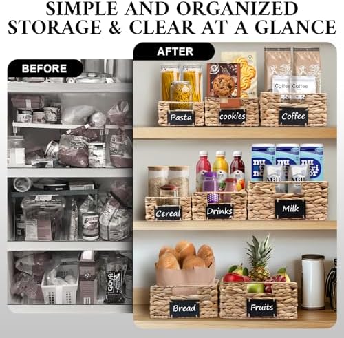 Set of 4 Sizes Hand-Woven Pantry Shelf Baskets, Hyacinth Storage Baskets with Chalkboard Labels & 2 Chalk Markers, Wicke