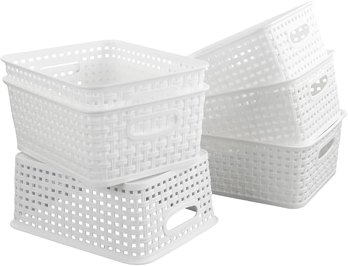 4-Pack Small Storage Baskets, Woven Plastic Basket, White | 10" x 7.7" x 4", Home Organization, Space - Saving Storage, Stylish Design, Organizer Baskets for Cabinet, Closet, Office