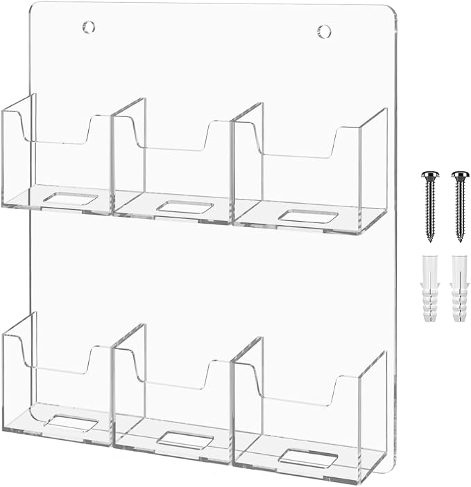 Marketing Holders Wall Business Card Holder with Hanging Hardware for 2" x 3.5" Vertical Gift Cards Clear Acrylic 6 Slot Display Holds 50 Contact or 30 Membership Cards