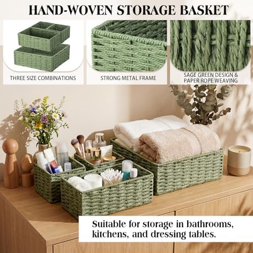 Set of 4 Sage Green Small Wicker Basket, Classic