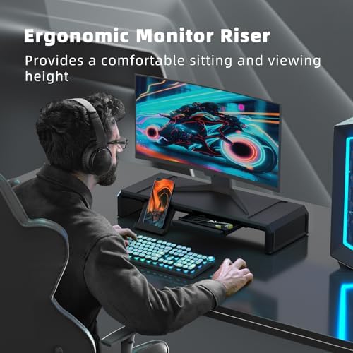 Heymaster Monitor Stand Riser with Drawer, Foldable & Adjustable Length Computer Stand with Phone & Tablet Holder, Space