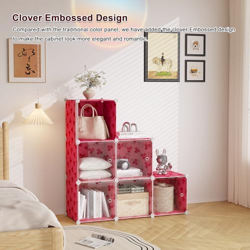 C&AHOME Clover Embossed 6-Cube Storage Organizer with Doors Cube Shelf Red