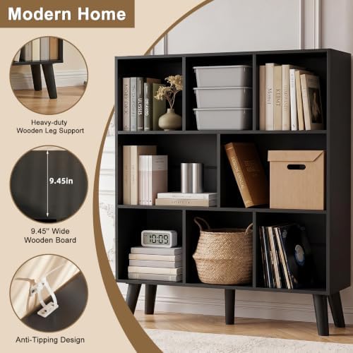 YAHARBO 8 Cube Bookshelf,3 Tier Bookcase with Legs,Black Mid-Century Modern Bookshelves,Large Free Standing Open Storage