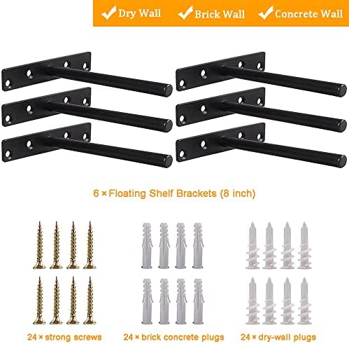 Blind Floating Shelf Brackets - DIY Heavy Duty 8 inch Wall Shelf Brackets, Solid Stainless Steel Matte Black Hidden Supp