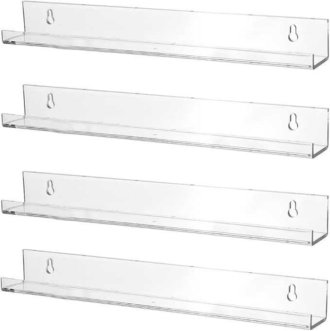 Sooyee 4 Pack 15 Inch Acrylic Invisible Kids Floating Bookshelf for Kids Room,Modern Picture Ledge Display Toy Storage Wall Shelf,Clear (4 Pack)