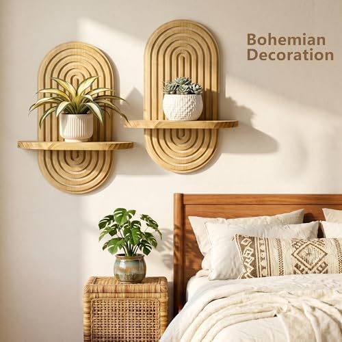 Heiple Set of 2 Boho Arched Floating Shelves 15.7”x 7.8” Plant Wooden Hanging Shelf for Living Room Bedroom Mid Century 