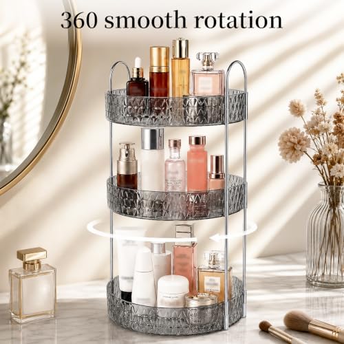 Large Capacity Rotating Makeup Organizer Perfume Stand Holder, 3 Tier Gray