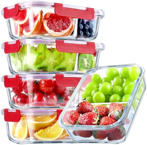 VERONES 5 PACK 36 OZ Glass Food Storage Containers 2 Compartment Set, Red