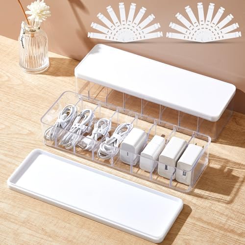 Tatuo Cord Organizer Box with Lid, Clear, White, 2 Pack