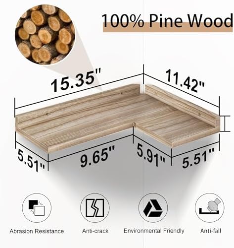 4 Tier Floating Corner Shelves - Set of 4 Rustic Wooden Floating Corner Wall Shelf with Cord Hole, L Shaped Corner Shelf