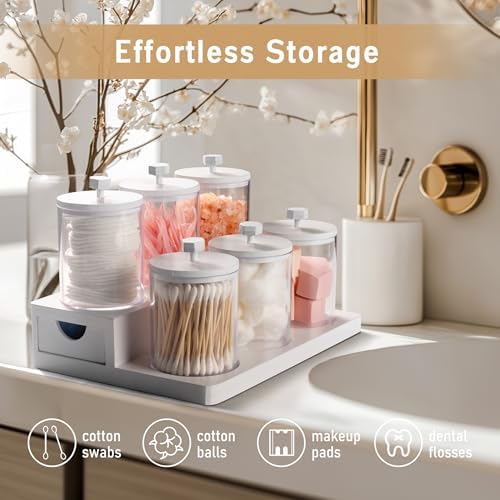 Tektalk 6 Pack Acrylic Qtip Holder Dispenser with Bamboo Lids & Vanity Tray, for Cotton Swabs, Balls, Pads, Floss Picks,