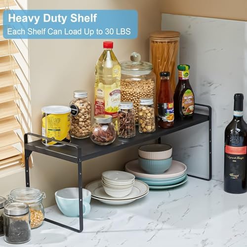 Set of 2 Expandable Cabinet Shelf Organizer, Stackable Kitchen Countertop Shelves Spice Racks, Small Metal Storage Shelf