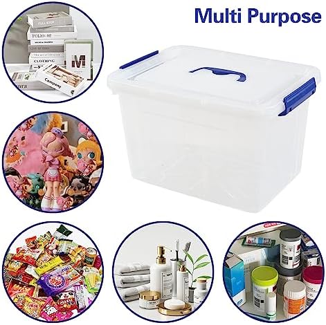 Anbers 12 Quart Clear Plastic Bin with Lid, Latching Box with Blue Handle