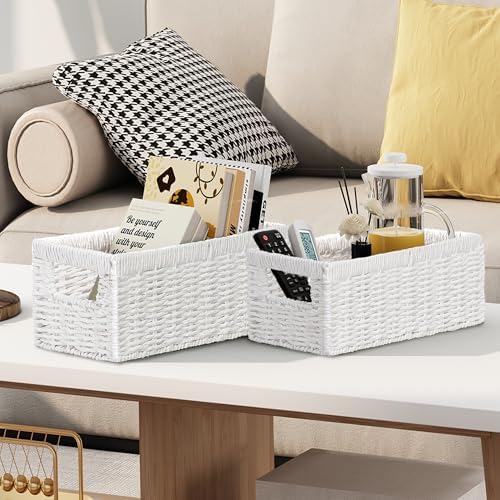 Vagusicc Wicker Storage Basket, Set of 2 Hand-Woven Paper Rope Wicker Baskets for Organizing Decor Storage Bins for Coun