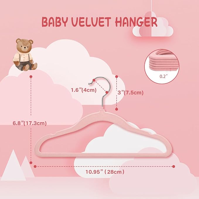 Stormix Baby Velvet Hangers 30 Pack, Kids Non-Slip Felt Hangers with Shoulder Notches, Thin Space Saving Hangers for Closet Organization, 360° Swivel Hook for Toddler's Clothes - Pink