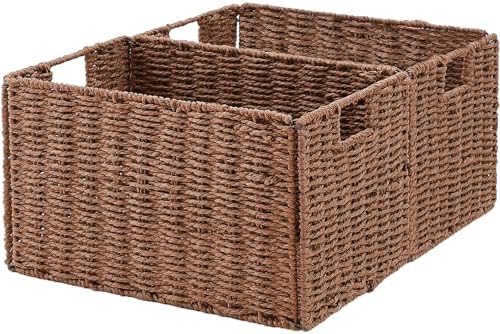 Vagusicc Wicker Storage Basket, Set of 2 Hand-Woven Paper Rope Wicker Basket, Small Storage Baskets for Organizing Toile