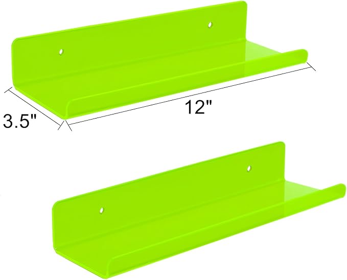 ROYALITA 2-Pack Small Acrylic Shelves Wall Mounted, 12 in Display Shelves | for Small Items, Plants, Room Decor Floating Wall Shelves for Gaming Room, Bedroom, Living Room, Office, Green