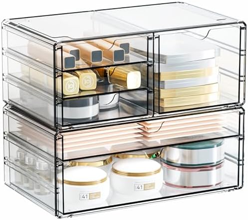 Yieach 2 Pack Acrylic Drawer Organizer With 6 Drawers,Stackable 11.1” Large Clear Storage Drawers and Makeup Organizer F