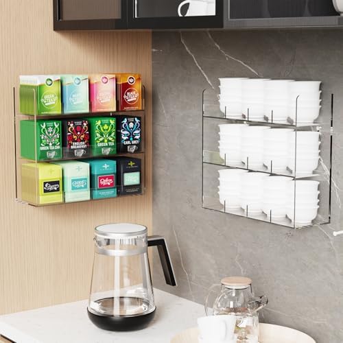 Acrylic Tea Bag Organizer, 3 Layers Tea Bag Holder for Tea Packets, Wall Mount Display Tea Caddy for Countertop or Cabin