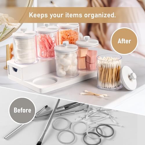 Tektalk 6 Pack Acrylic Qtip Holder Dispenser with Bamboo Lids & Vanity Tray, for Cotton Swabs, Balls, Pads, Floss Picks,