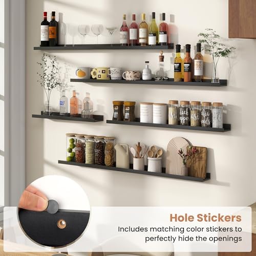 Fun Memories Picture Ledge Shelves Set of 4, 24 Inch Rustic Wall Mounted Floating Shelves with Lip for Home Storage and 