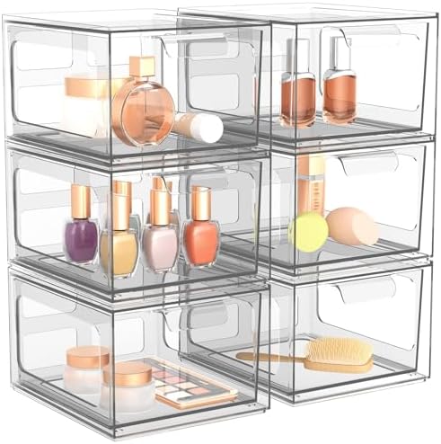 SpaceHacks 6 Pack Stackable Plastic Makeup Organizer Drawers, Acrylic Organizers, Clear Storage Bins with Pull-Out Handl