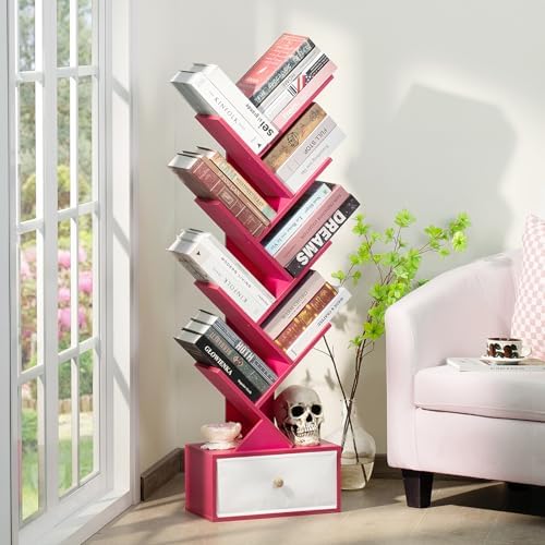 SHEEPAM 8-Tier Tree Bookshelf Floor Standing Storage Bookcase with Drawer
