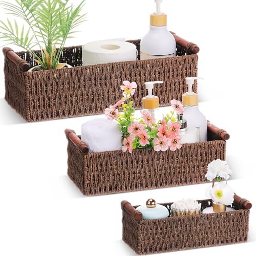 Boao 3 Pcs Boho Storage Wicker Baskets Handmade Woven Decorative Paper Rope Baskets for Organizing with Handle Counterto