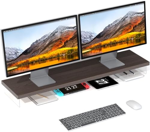 Dual Monitor Stand Riser, 40x10 in Wood & Acrylic Desktop Organizer Shelf