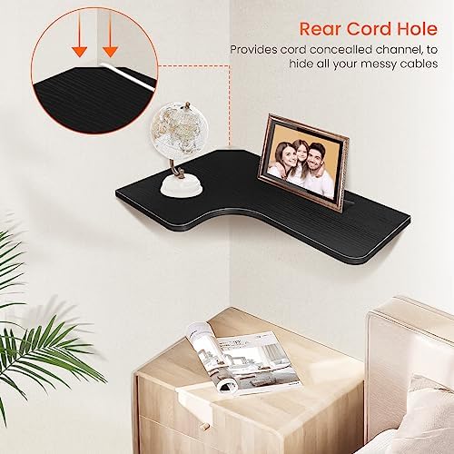 Homode Corner Shelves Wall Mounted, Set of 3 Floating Corner Shelves with Cord Hole, 3 Tier Wooden Hanging Display Shelf